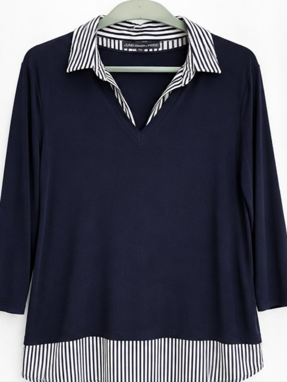 Adrianna Papell Navy Striped Layered Look Blouse, Large